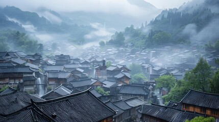 Misty Village in the Mountains