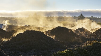A misty landscape of steaming compost heaps, surrounded by trees and a soft morning glow, showcasing the natural decomposition process.