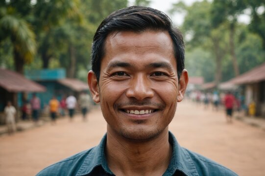 Close portrait of a smiling 40s Cambodian man looking at the camera, Cambodian outdoors blurred background