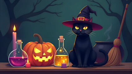 Black cat in a witch hat, a Halloween pumpkin, colorful potions, flickering candles, cauldron and broom. Halloween's magic