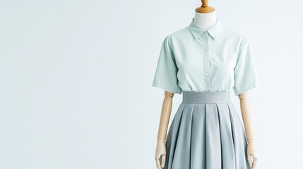 A mannequin dressed in a pastel mint blouse with a pleated grey skirt, isolated against a light background, creating a minimalist and elegant look.