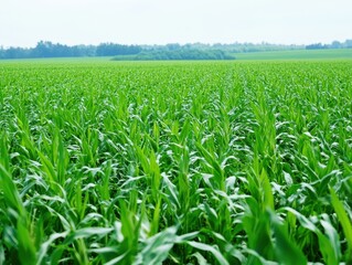 Obraz premium A lush green cornfield stretches towards the horizon, showcasing healthy crops under a bright sky.
