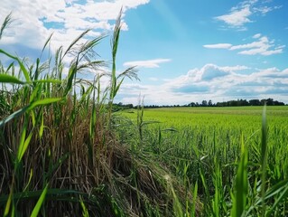 Fototapeta premium A vibrant landscape of lush green rice fields under a bright blue sky, with fluffy white clouds scattered across the horizon.