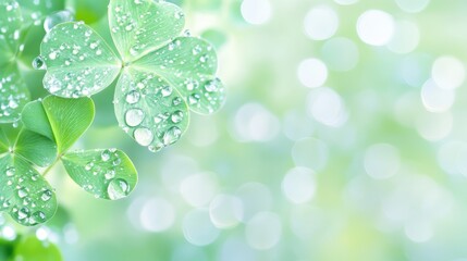 Close-up of fresh green clover leaves with water droplets, illuminated by soft sunlight and bokeh background. Nature and freshness concept.