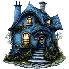 Fototapeta premium Cozy Blue Cottage with Stone Path and Garden Fairy Tale House Illustration