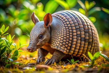 Obraz premium Armadillo foraging in a natural habitat, showcasing its unique armor and curious behavior in nature