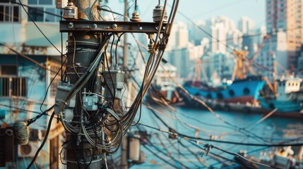 A Close-Up of a Power Pole in a Harbor