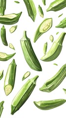 Illustrated Green Okra Slices Floating Generative AI