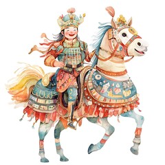 Watercolor Illustration of a Person Riding a Horse in Traditional Clothing