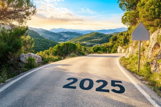 A winding road through lush mountains features the year 2025 painted on the pavement as the sun sets behind the hills
