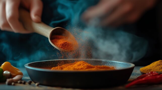 A kitchen counter covered with various spices, as a person sprinkles paprika and cumin into a pan of simmering sauce.