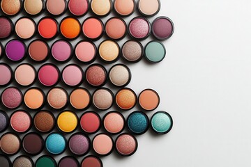 Colorful makeup palettes arranged on white isolated background.