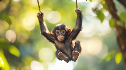 Naklejka premium Chimpanzee Swinging on a Rope