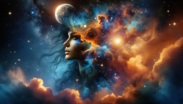 woman's face merged with a starry night sky, her hair swirling with the nebulas