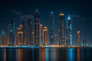 Obraz premium The skyline of Dubai glows with lights from towering skyscrapers reflecting on the water at night, creating a vibrant urban atmosphere