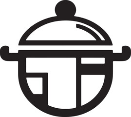 Minimalist cooking pot icon, black and white graphic, simple lines, stylized kitchenware symbol, geometric shapes, abstract cookware design, bold silhouette, clean vector illustration.