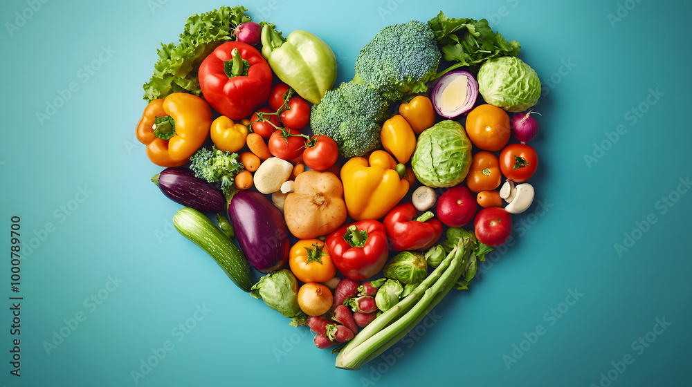 Sticker Fresh veggies Heartshaped on a blue backdrop Happy vegan day Vegetarian lifestyle eat trend celebrate healthy mockup