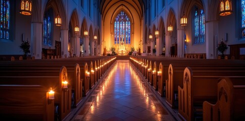 Obraz premium A peaceful church interior featuring rows of lit candles leading to a luminous stained glass window at the altar, bathed in warm, ambient light.