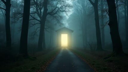 Fototapeta premium Path in Misty Forest Leading to Glowing Door of Light