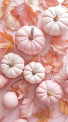 Pink pumpkins with autumn leaves flat lay.