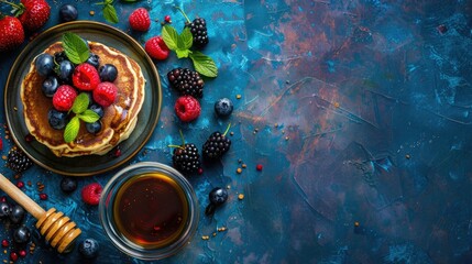 Fresh Made Delicious Pancakes With Berries Blackberries Raspberries Banana Honey And Maple Syrup Healthy Morning Breakfast Concept