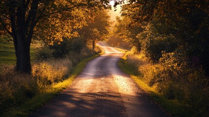 Obraz premium Serene Rural Road at Golden Hour Light