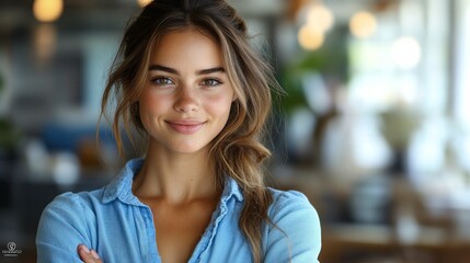 A woman with long brown hair and a blue shirt is smiling