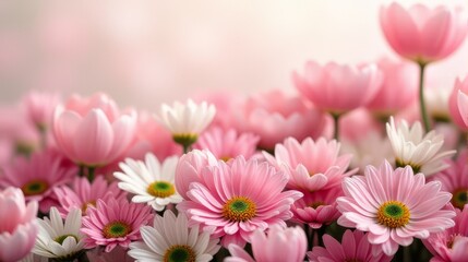 Fototapeta premium Floral Arrangement of Tulips and Daisies, in Shades of Pink and White with a Soft Pastel Tone