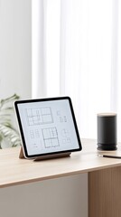 Obraz premium A tablet computer displaying a floorplan on a wooden desk with a plant, pencil, and speaker in the background.