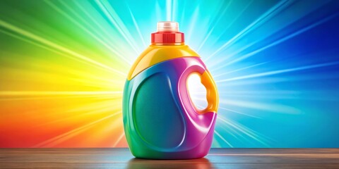 A vibrant laundry detergent bottle adorned with colorful packaging sits against a bright background, promising a soft,