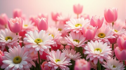 Fototapeta premium Floral Arrangement of Tulips and Daisies, in Shades of Pink and White with a Soft Pastel Tone