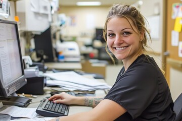 Friendly Nurse at Desk with Warm Smile