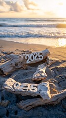 Driftwood numbers on sandy beach at sunset