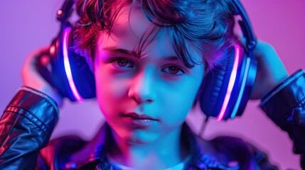 Teenager in Headphones with Neon Lights
