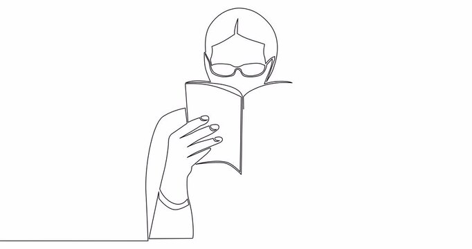 Self drawing line animation person focused on reading interesting book continuous one single line drawn concept video