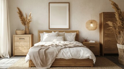Mock up frame in a cozy bedroom featuring natural wooden furniture and warm lighting, 3D render