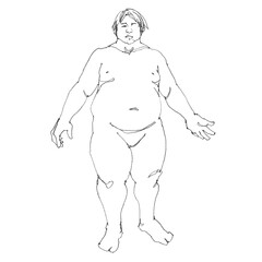 Nude fat male figure, contour drawing for graphic design.