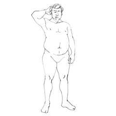Fototapeta premium Nude fat male figure, contour drawing for graphic design.