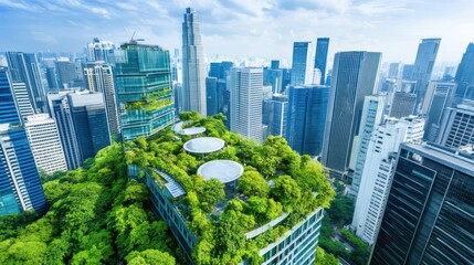 Vertical garden of a modern apartment building, covered in lush greenery with bright sunlight overhead. Urban eco-living concept.