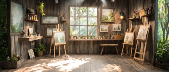 Art studio with wooden decor, large window, and paintings on easels.