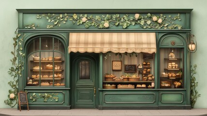 Charming bakery storefront with green details and floral decorations.