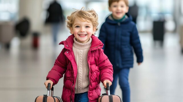Children happily traveling with luggage at an airport.