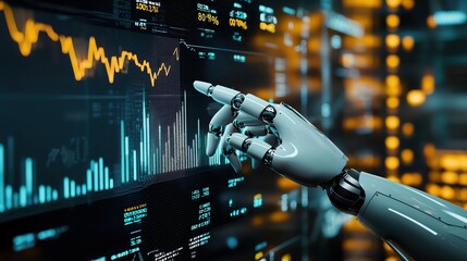 Fototapeta premium A robot is touching a growth graph chart on a virtual screen, depicting a business plan, financial market, and stock prices going up