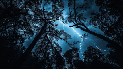 Lightning Bolt Illuminating a Forest at Night