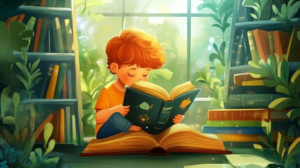 Reading an interesting book, the concept of immersion in the world of books, interesting stories, World Book Day, Children's Book Day, Cartoon illustration, Poster, banner, postcard, background
