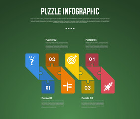 puzzle or jigsaw base infographic with flipped ribbon shape on horizontal direction with 4 point with dark style for slide presentation