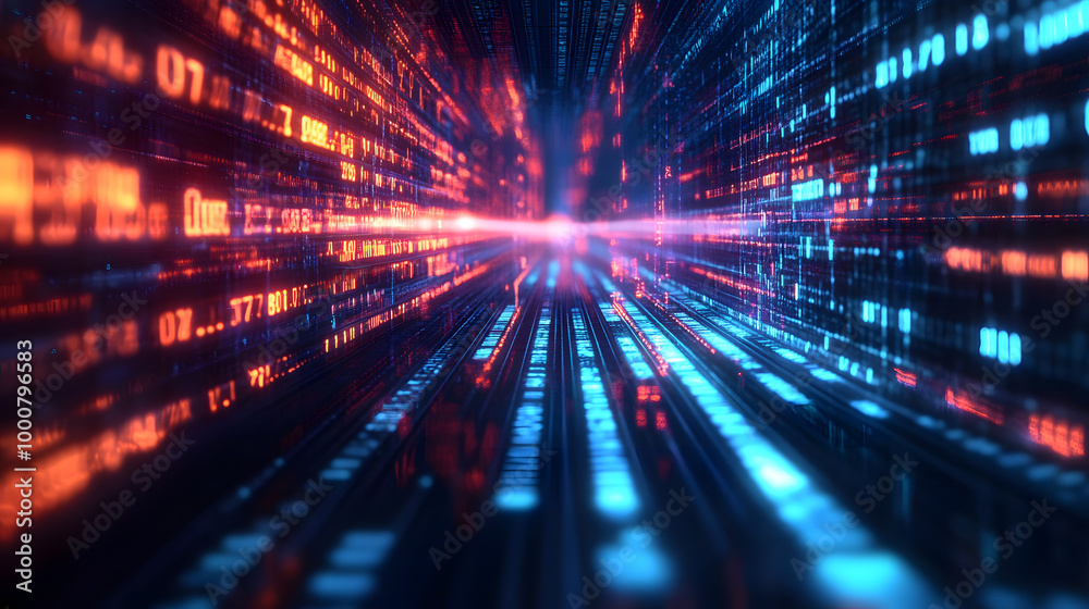 Poster abstract digital data stream with glowing lines and numbers, representing fast internet connection, 
