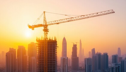 Construction site at sunset with crane and skyline silhouettes.