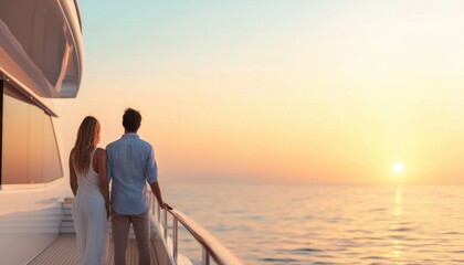 Couple enjoying romantic sunset view on yacht, calm ocean horizon.