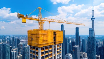 Construction site with a crane over a city skyline under a blue sky.